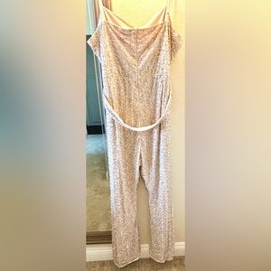 ASOS LUXE Curve embellished belted jumpsuits with faux feathers. Neutral size 22